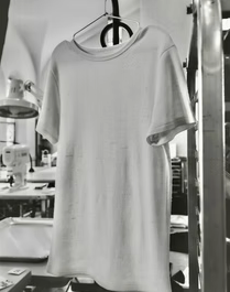 Jansen heirloom merino wool shirt hanging on the sewing line at Hocking Hills Garment Center